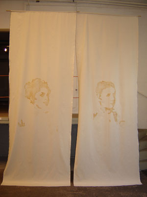 "25.08.78 [me and Amalie]" Scroll painting, burned into nettle, 2007