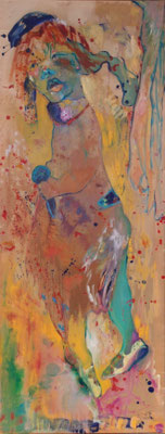 Singende Clownin, 2017, Wachs und Öl auf Satin, 60 cm x 157 cm