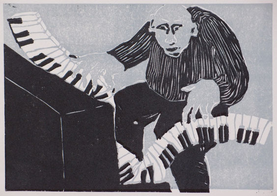 Klavierspieler, 2013, Linolschnitt, 17,3 cm x 12,1 cm