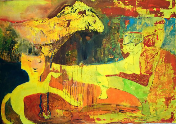 Unerwarteter Besuch, 2009,  Acryl und Wachs auf Leinwand, 140 cm x 100 cm