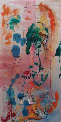 Elefantenswing, 2018, Tusche, Acryl, Kaffee, Wachs, Eiweißlasurfarbe auf Satin, 100 cm x 200 cm