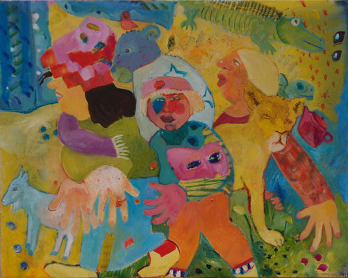 Kinderzirkusmaskerade, 2013/2023/2024, Acryl, Öl und Pigment auf Leinwand, 100 cm x 80 cm