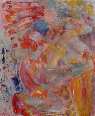 Le poème des clowns, Wachs, Öl, Sprühfarbe auf Baumwolle, 2018, 150 cm x 180 cm
