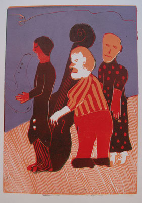 Drei Clowns, Linolschnitt