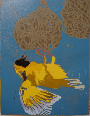 Webervogel, 2025, Linolschnitt auf Papier, 21,5 cm x 27 cm