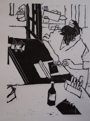 Im Atelier II, 2012, Linolschnitt, 17,5 cm x 23 cm