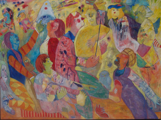 Morgenrumoren im Varieté, 2022, Wachs und Öl auf Leinwand, 240 cm x 180 cm