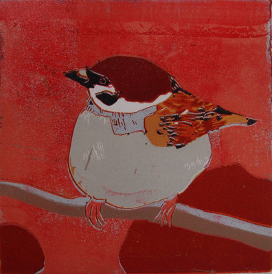 Feldsperling, 2025, Linolschnitt auf Papier, 15 cm x 15 cm