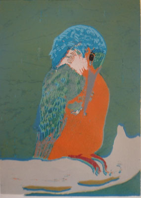 Eisvogel, 2025, Linolschnitt auf Papier, 15 cm x 21 cm