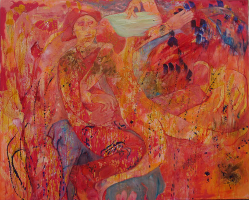 Der Zirkus und die Liebe- eine Zirkusliebe, 2017, Wachs, Pigment, Masala, Acryl, Öl auf Baumwolle, 180 cm x 145 cm