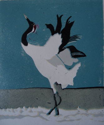 Mandschureienkranich, 2025, Linolschnitt auf Papier, 15 cm x 17,5 cm