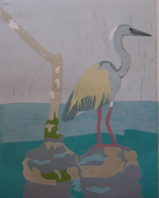 Dreifarbenreiher, 2025, Linolschnitt auf Papier, 36 cm x 46 cm