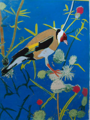 Distelfink, 2025, Linolschnitt auf Papier, 41 cm x 52 cm