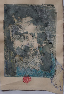 Eigenporträt als Clownin, Tusche-Monotypie, mit Tusche, Wasserfarbe, Kreide überarbeitet, ca. 18 cm x 27 cm