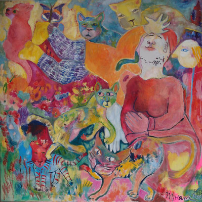 Katzenspiele, 2019/2023/2024, Acryl und Öl auf Leinwand, 125 cm x 125 cm