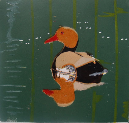 Kolbenente, 2025, Linolschnitt auf Papier, 20 cm x 19 cm