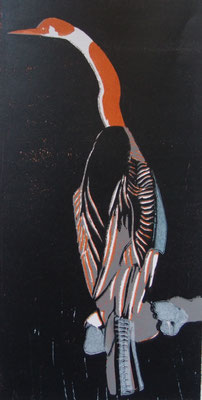 Amerikanischer Schlangenhalsvogel, 2025, Linolschnitt auf Papier, 14,7 cm  29,8 cm