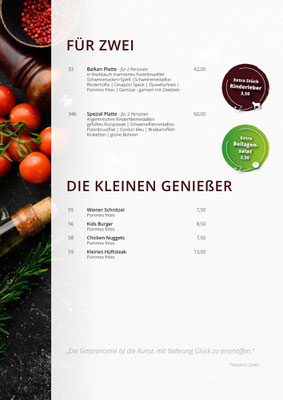 Zum Park Restaurant Cuxhaven - Speisekarte - Gerichte für mehrere Personen und Gerichte für Kinder