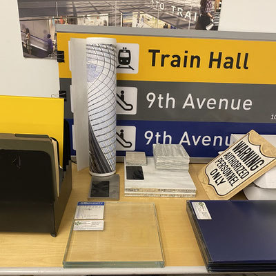 Moynihan Train Hall NYC - materials and signage samples, photo: Eve Ashcraft