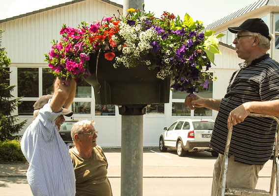 Blumen auswählen, besorgen, anbringen und später regelmäßig gießen.