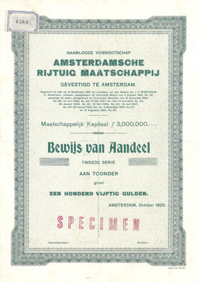 Aandeel N.V. Amsterdamsche Rijtuig Maatschappij uit 1925 (specimen).