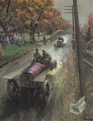 De Vanderbilt Cup in 1906. Geschilderd door Peter Helck.