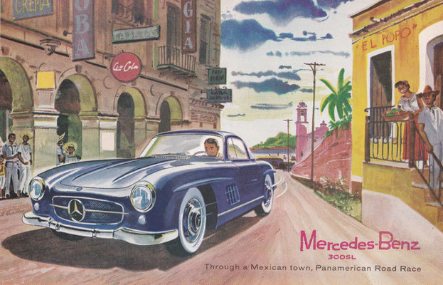 Mercedes-Benz 300SL door een Mexicaanse stad in de Panamerican Road Race (1956).