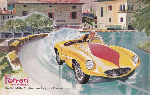 Ferrari 750 Monza tijdens de Mille Miglia nabij het Gardameer in Italië (1956).