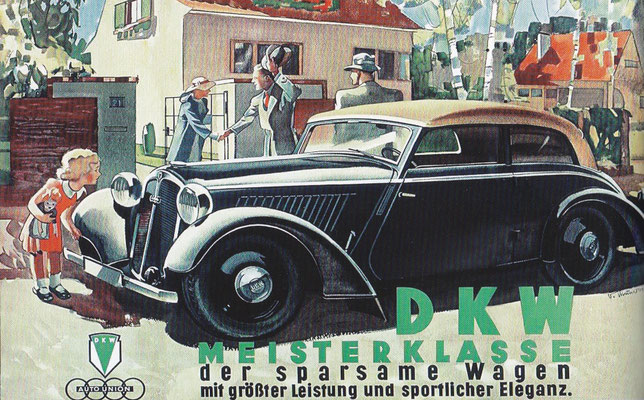 Reclame uit 1935 ontworpen door Victor Mundorff voor de DKW Meisterklasse.