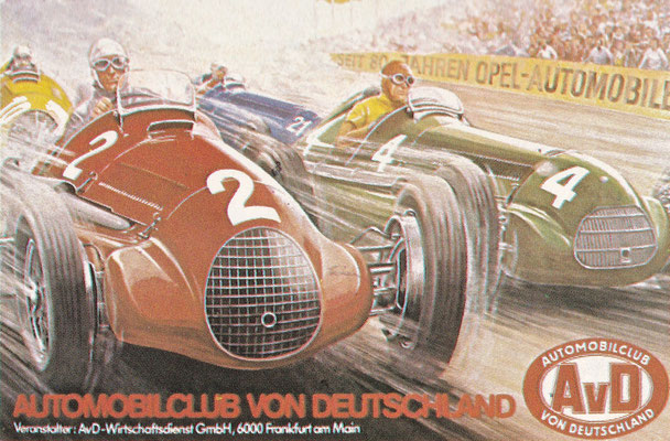 Een poster van de Duitse Automobielclub met de strijd tussen een Ferrari en een Maserati.