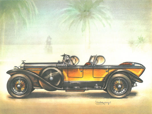 Isotta Fraschini uit 1928, getekend door Piet Olyslager.