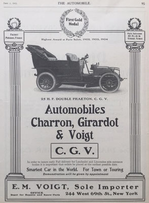 Amerikaanse advertentie voor C.G.V. uit 1905.