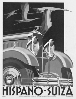 Franse advertentie van Hispano-Suiza in l'Illustration uit 1932. Ontwerp: Alex Kow.