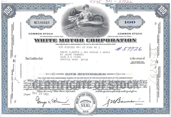 Certificaat voor 100 aandelen White Motor Corporation uit 1969.