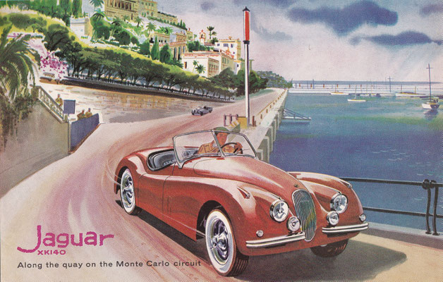 Jaguar XK140 over de kade op het Monte Carlo circuit (1956).