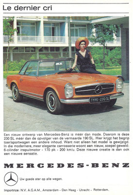 Nederlandse advertentie voor de Mercedes-Benz 230 SL uit 1963.