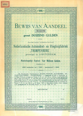 Aandeel N.V. Nederlandsche Automobiel- en Vliegtuigfabriek "Trompenburg"  uit ~1920, blanket.