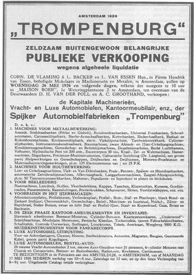 Advertentie voor de liquidatie verkoop in 1926.