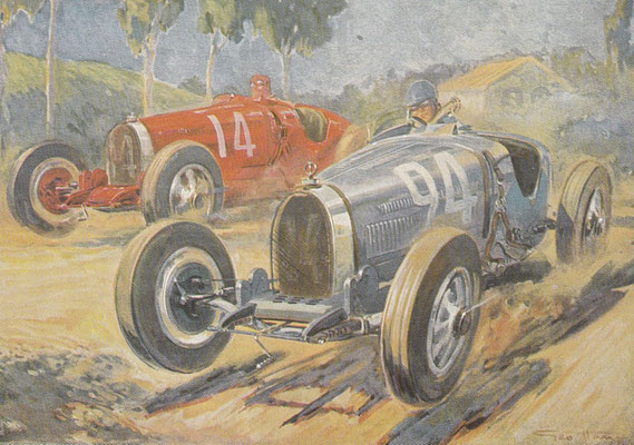 Kunstwerk van Geo Ham met Bugatti's T 35 uit L'Illustration 1928.