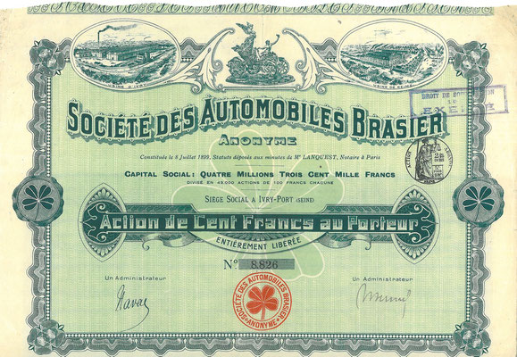 Aandeel Société des Automobiles Brasier Anonyme uit ~1908.