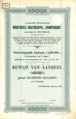 Aandeel N.V. Industriëele Maatschappij "Trompenburg" uit 1908, specimen.