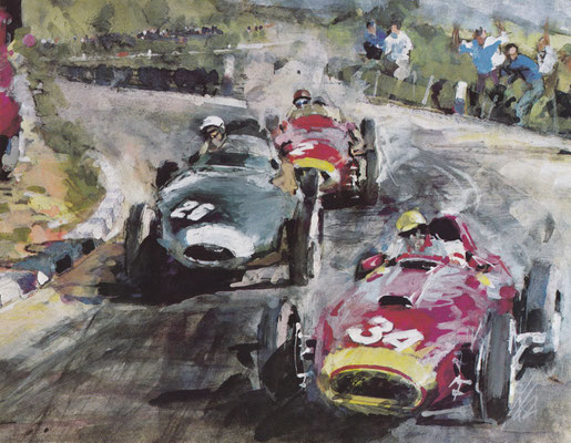 Grand Prix van Pescara in 1957. Winnaar werd Stirling Moss. Geschilderd door Walter Gotschke.