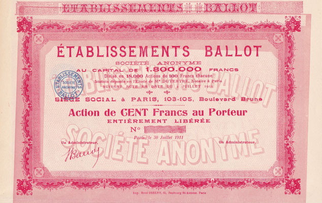 Aandeel Établissements Ballot S.A. uit 1911. (blanket)
