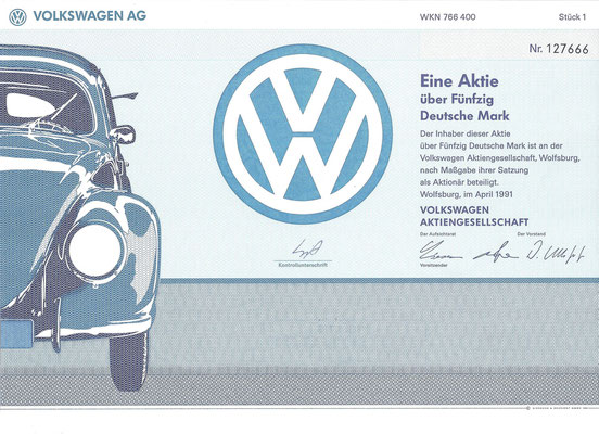 Aandeel (Aktie) DM 50 Volkswagen A.G. Wolfsburg uit 1991.