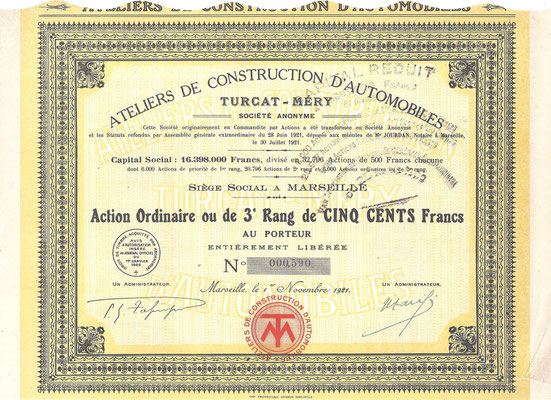 Gewoon aandeel Ateliers de Construction d'Automobilles Turcat-Méry S.A. uit 1921.