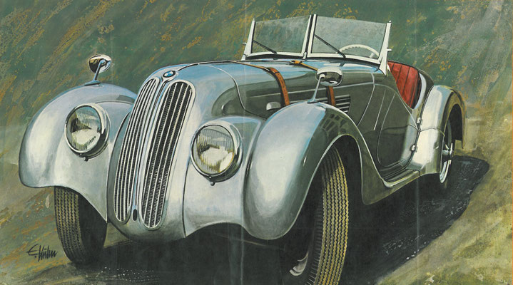 BMW 328 uit 1938. Kunstwerk van E. Kuhn.