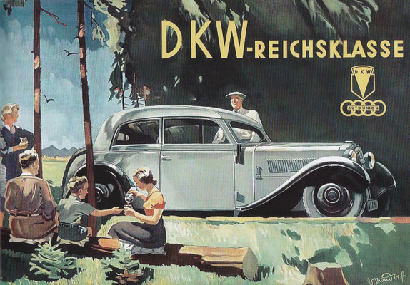Affiche van Victor Mundorff uit 1936 voor de DKW F5 Reichsklasse cabrio-limousine.