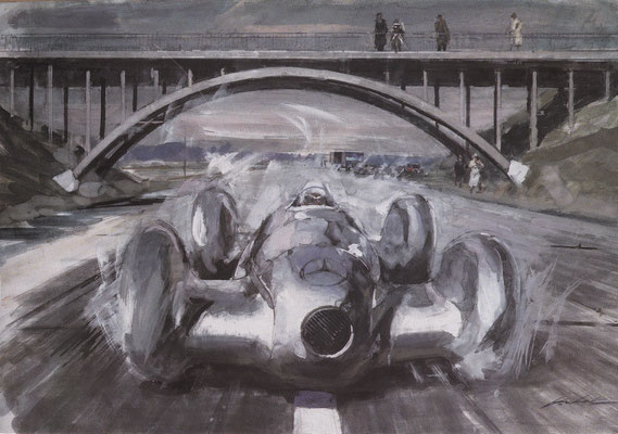 Caracciola met de Mercedes W154, wint de record poging van Auto Union op de Duitse autobahn in 1939. Geschilderd door Walter Gotschke.