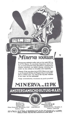 Advertentie van de Amsterdamsche Rijtuig Maatschappij voor Minerva  uit 1930.