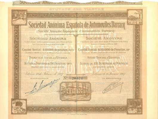 Aandeel S.A. Espanola de Automoviles Darracq uit 1907. Dit stukis te koop, prijs € 10,00  Het stuk kan een ander nummer hebben dan het stuk op de foto.